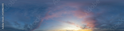 Dark blue sunset sky panorama with pink Cumulus clouds. Seamless hdr 360 pano in spherical equirectangular format. Full zenith for 3D visualization  game  sky replacement for aerial drone panoramas