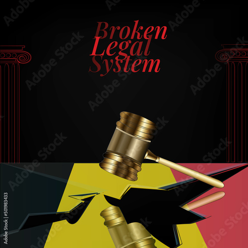 Belgium's broken legal system concept art.Flag of Belgium and a gavel