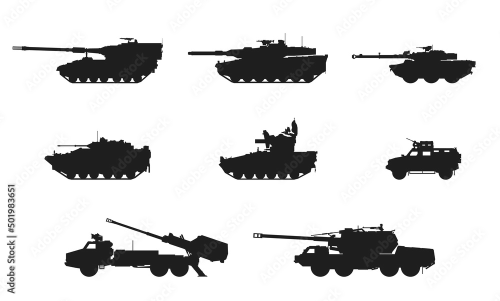 european army military vehicle equipment set. weapon and army machines symbol. vector image for military infographics