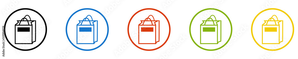 Bunter Banner mit 5 farbigen Icons: Einkaufstüte oder Tasche zum Einkaufen