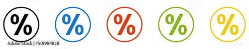 Fotografija Bunter Banner mit 5 farbigen Icons: Rabatt, Prozent, Zinsen oder reduzierte Prei