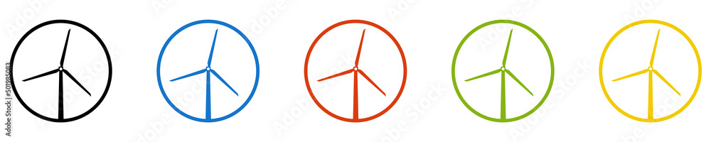 Bunter Banner mit 5 farbigen Icons: Windmühle, Windenergie oder Windkraft Bunter Banner mit 5 farbigen Icons: Windmühle, Windenergie oder Windkraft