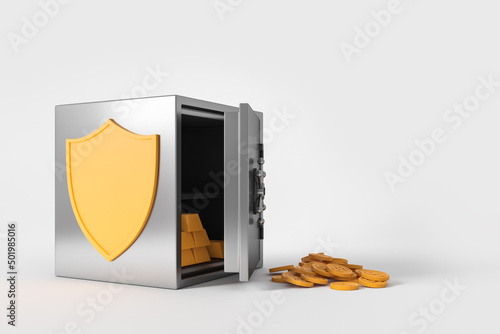 Safe and protective shield, coins and gold bars. Mockup