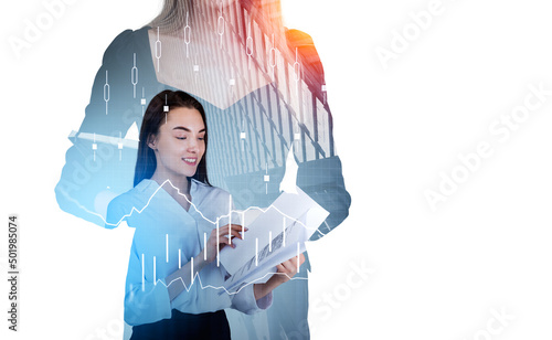 Business people with paper report, candlestick and graph. Mockup