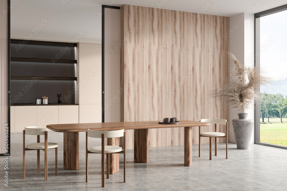 Fototapeta premium Light kitchen room interior with table and chairs, panoramic window. Empty wall