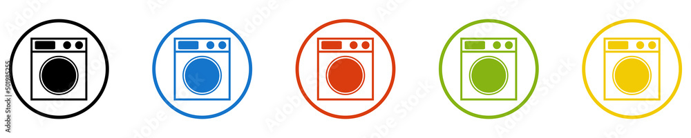 Bunter Banner mit 5 farbigen Icons: Waschmaschine oder Waschsalon Bunter Banner mit 5 farbigen Icons: Waschmaschine oder Waschsalon