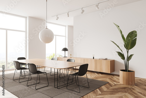 Light office room interior with chairs, table near panoramic window. Mockup