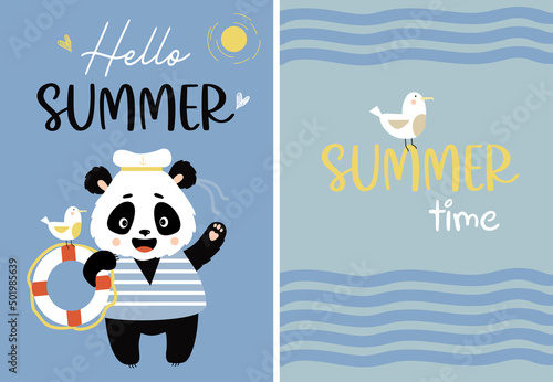 Set of Summer Postcard Hello summer and summer time. Cute panda sailor with lifebuoy with seagull. Vector illustration. cute kids collection For design, print and decor