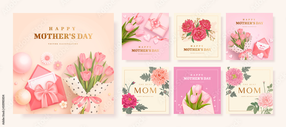 Set of Mother's day poster, banner or greeting card with realistic envelope, gift box and tulips and hand drawn flowers isolated on background