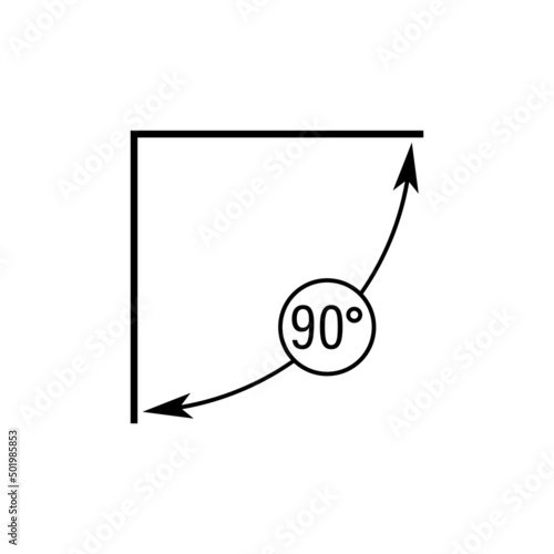 90 degrees angle vector icon. Right angle symbol with arrow. Isolated illustration on white background. 