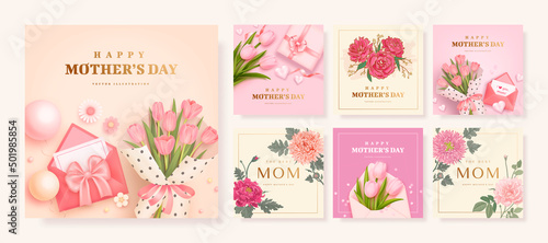 Set of Mother s day poster  banner or greeting card with realistic envelope  gift box and tulips and hand drawn flowers isolated on background