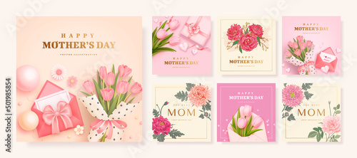 Set of Mother's day poster, banner or greeting card with realistic envelope, gift box and tulips and hand drawn flowers isolated on background