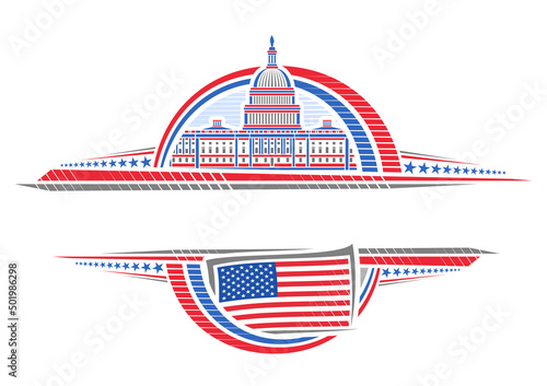 Vector border for American Holidays with empty copy space for congratulation text, decorative layout with illustration of United States Capitol and american flag for US holidays on white background