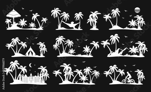 set of palm trees vector silhouette. Hammock trees silhouette palm vector. tent and palm trees vector logo. mountains and palms vector. night skyline and tropics vector