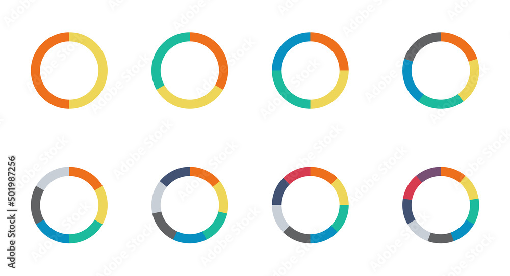 Infographic pie chart set. Cycle collection - 2,3,4,5,6,7 and 8 section. Vector isolated on white background Infographic pie chart set. Cycle collection - 2,3,4,5,6,7 and 8 section. Vector isolated on white background