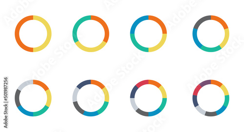 Infographic pie chart set. Cycle collection - 2,3,4,5,6,7 and 8 section. Vector isolated on white background