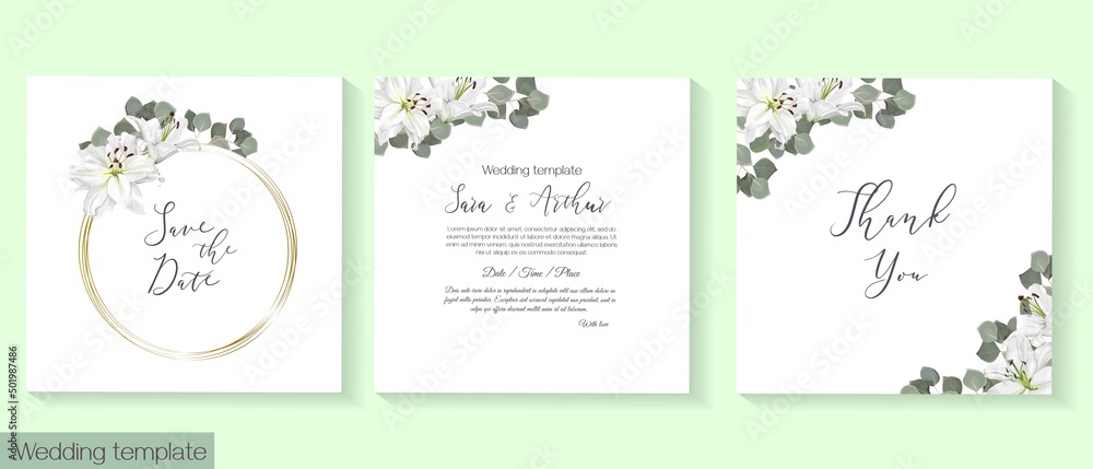 Vector floral template for wedding invitations. White lilies, eucalyptus, wicker plants, green leaves and grasses. Golden circular frame 
