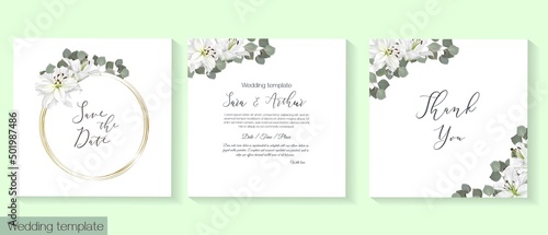 Vector floral template for wedding invitations. White lilies  eucalyptus  wicker plants  green leaves and grasses. Golden circular frame 