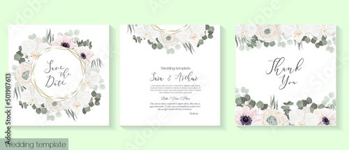 Vector floral template for wedding invitations. White orchids, anemones, roses, ranunculus, eucalyptus, green herbs and plants, round polygonal frame. 