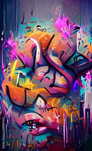 Street graffiti, abstract words on the wall. Graffiti drawing with bright colors, paint. Illustration