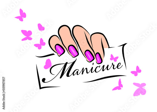 Female hand with a beautiful manicure holding a card . Lilac nails. Business card with flying butterflies . Vector illustration