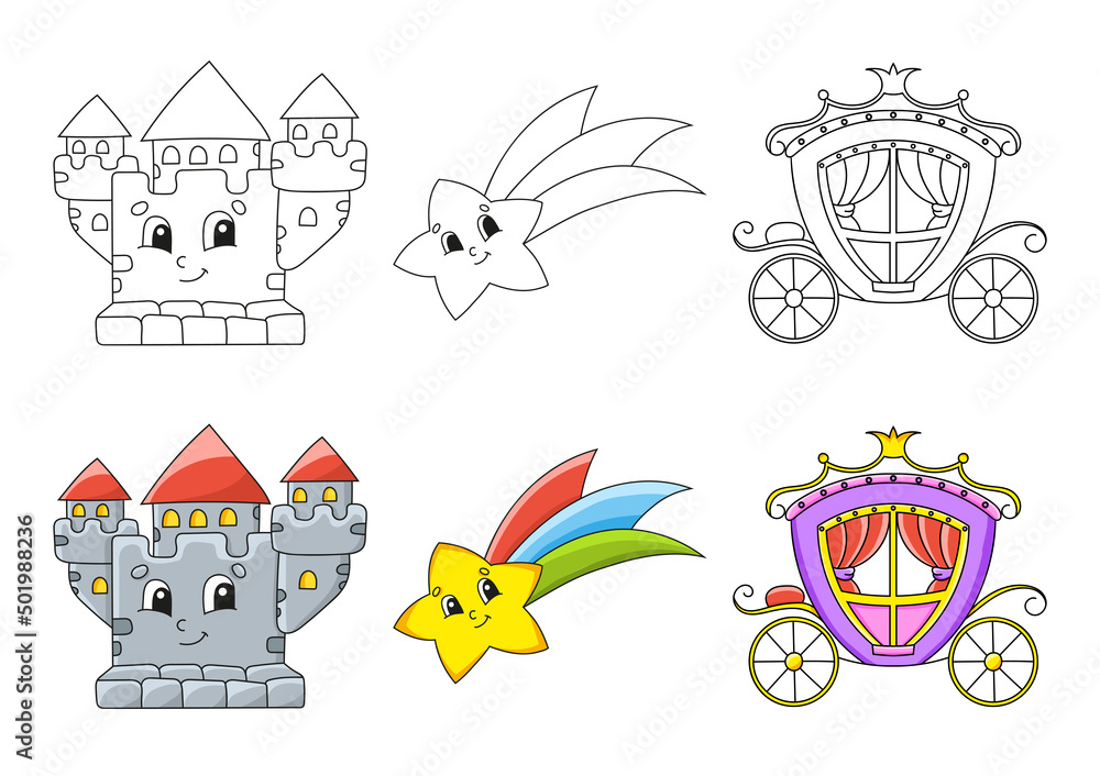Naklejka premium Set coloring page for kids. Fairytale theme. Cute cartoon characters. Black stroke. With sample. Vector illustration.