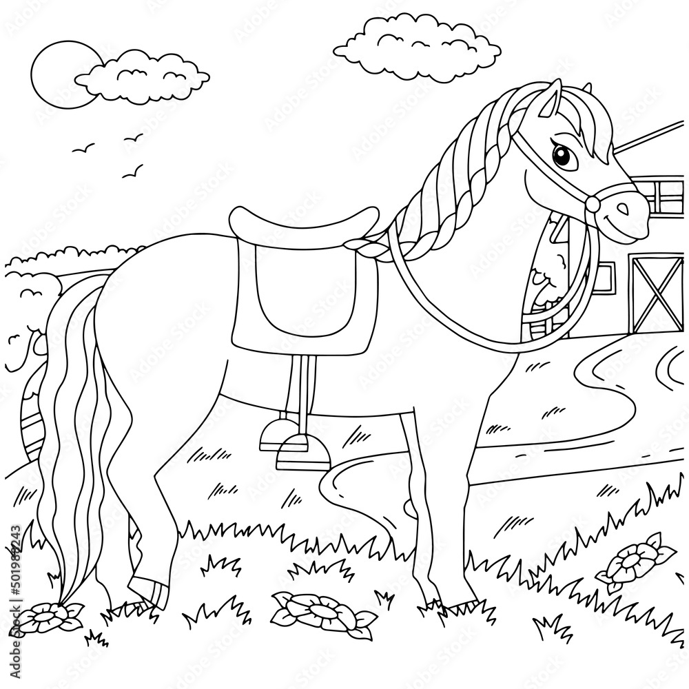 Cute horse. Farm animal. Coloring book page for kids. Cartoon style ...