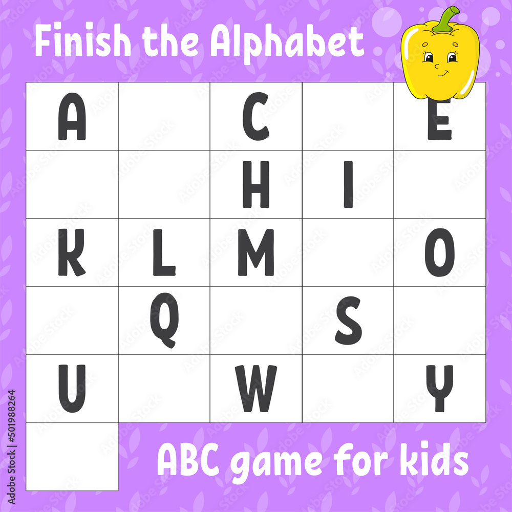 Finish the alphabet. ABC game for kids. Education developing worksheet. Learning game for kids
