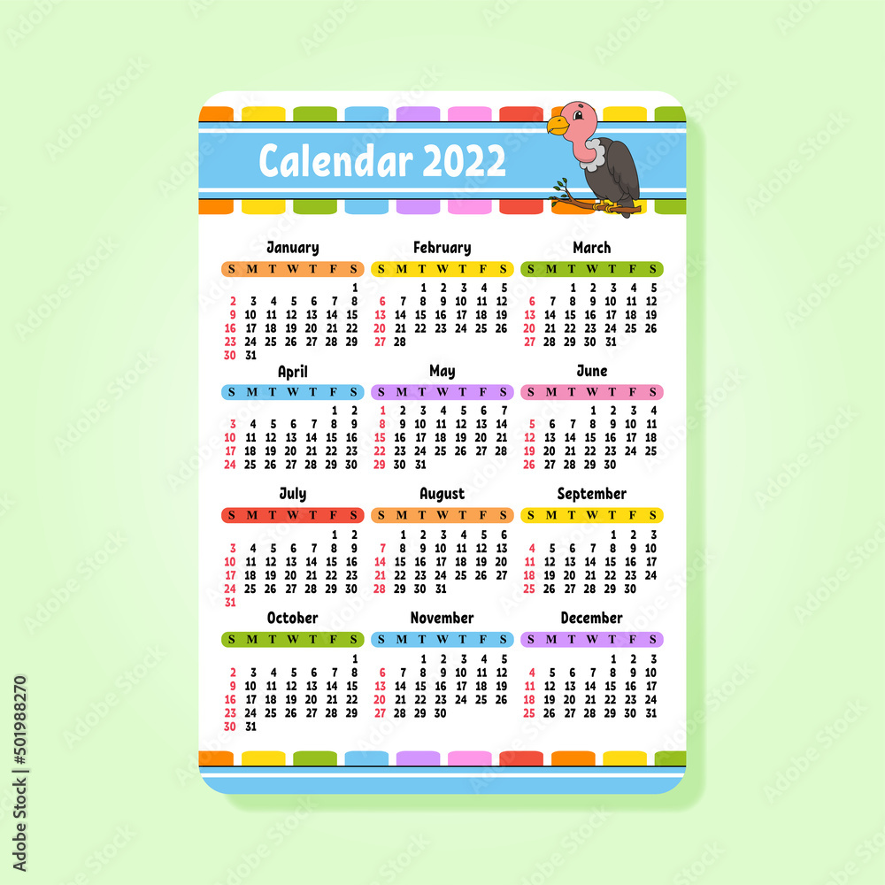 Calendar for 2022 with a cute character. Fun and bright design. Isolated color vector illustration. Pocket size. cartoon style. Calendar for 2022 with a cute character. Fun and bright design. Isolated color vector illustration. Pocket size. cartoon style.