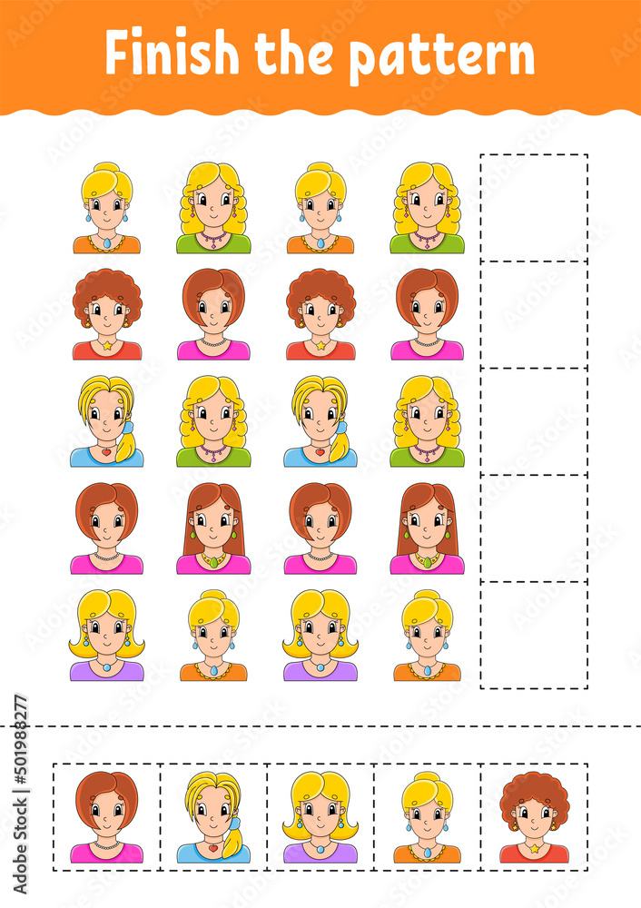 Fototapeta premium Finish the pattern. Cut and play. Education developing worksheet. Activity page. cartoon character. Vector illustration.