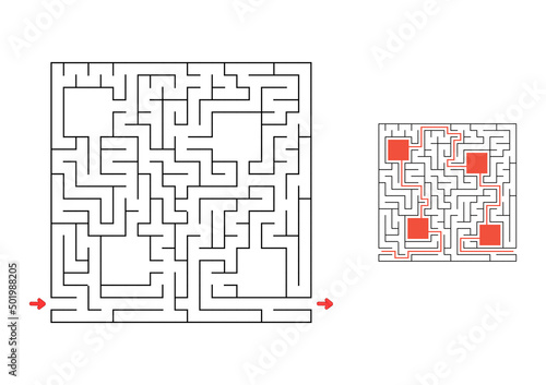 Square maze with answer. Game for kids. Puzzle for children. Labyrinth conundrum. Find the right path.