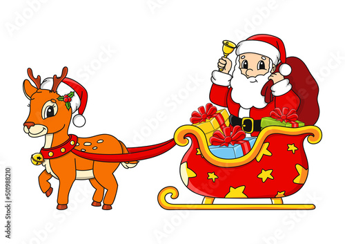 Deer with Christmas sleigh. Cartoon character. Colorful vector illustration. Isolated on white background. Design element. Template for your design, books, stickers, cards.