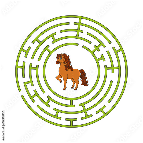 Circle maze. Game for kids. Puzzle for children. Round labyrinth conundrum. Color vector illustration. Find the right path. Education worksheet.