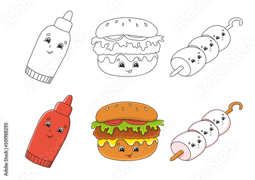 Set coloring page for kids. Cute cartoon characters. Black stroke. With sample. Vector illustration. Barbecue theme.