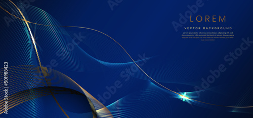 Abstract luxury golden lines curved overlapping on dark blue background. Template premium award design.