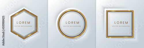 Set of abstract luxury golden geometric frame design, square, circle and hexagon with lighting effect on white background.