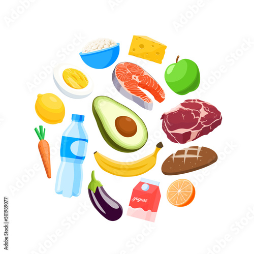 Collection of healthy food in a circle in flat style. Vegetables, meat, fish, fruits. 