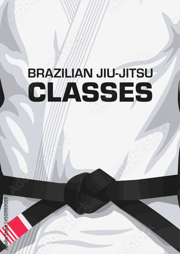 Brazilian Jiu-Jitsu white Gi poster. Bjj kimono invitation poster. Black belt. Jiu-Jitsu classes. Grappling classes.  photo