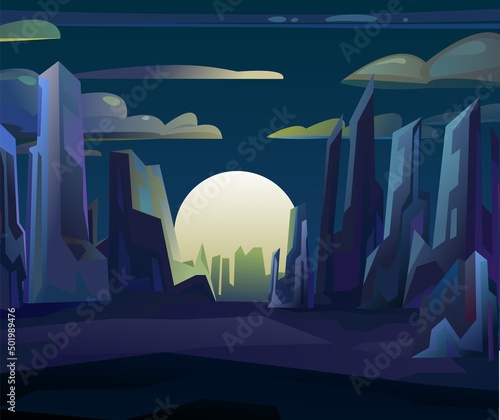 Rocks cliffs landscape. Big moon. Night scenery in mountains. Cartoon flat style. Dark twilight and dusk. Vector