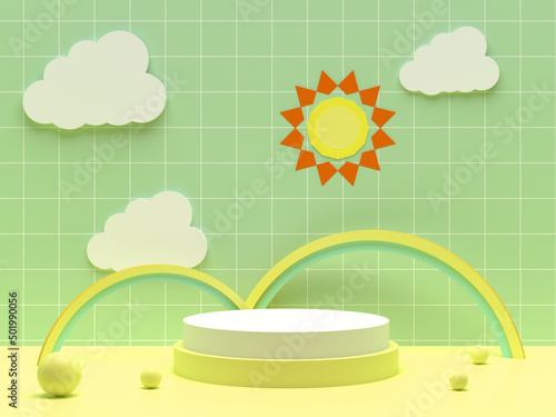 White and yellow round podium with spheres, rainbow, sun and cloulds. Pastel green and yellow background. Pedestal for kid product presentation. Geometric 3D render photo