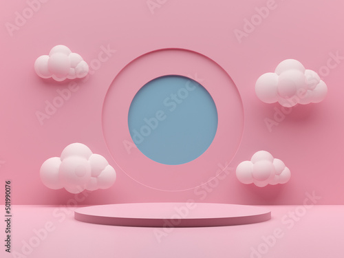 Round stage podium with clouds and circles background. Pastel pink and blue background. Pedestal for kid product presentation. Geometric 3D render photo