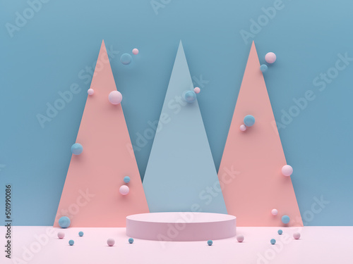 Round podium with spheres and triangles background. Pastel pink and blue background. Pedestal for kid product presentation. Geometric 3D render photo