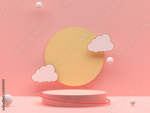 Round podium with clouds, spheres and circle  background. Pastel pink and yellow background. Pedestal for kid product presentation. Geometric 3D render photo