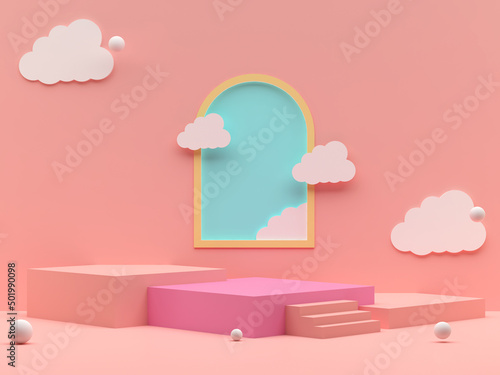 Three square step stage podiums with clouds, arch shape window and spheres background. Pastel pink and blue background. Pedestal for kid product presentation. Geometric 3D render photo