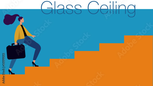 Young businesswoman climbing the corporate career ladder and eventually reaching the glass ceiling