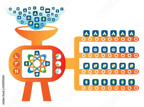 Data sorting and filtering concept. Raw data are ingested into the intelligence sorting system. Irreverent data are discarded while relevant data are sorted as output.