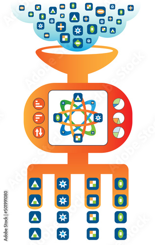 Data sorting and filtering concept. Raw data are ingested into the intelligence sorting system. Irreverent data are discarded while relevant data are sorted as output.