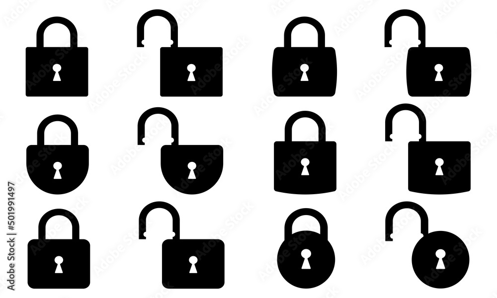 Lock icons vector set on white background. Door padlock open and closed. Symbol safety. Black silhouette. Lock icons vector set on white background. Door padlock open and closed. Symbol safety. Black silhouette.