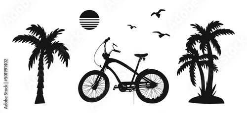 bicycle vector silhouette. palm trees, seagulls, retro sun and bike vector set. cycling vector silhouette