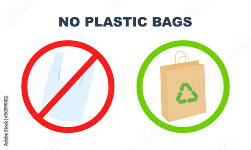 Flat icon with ban plastic bags. Slogan no plastic bags. Forbidden use polythene package. Ecology concept.